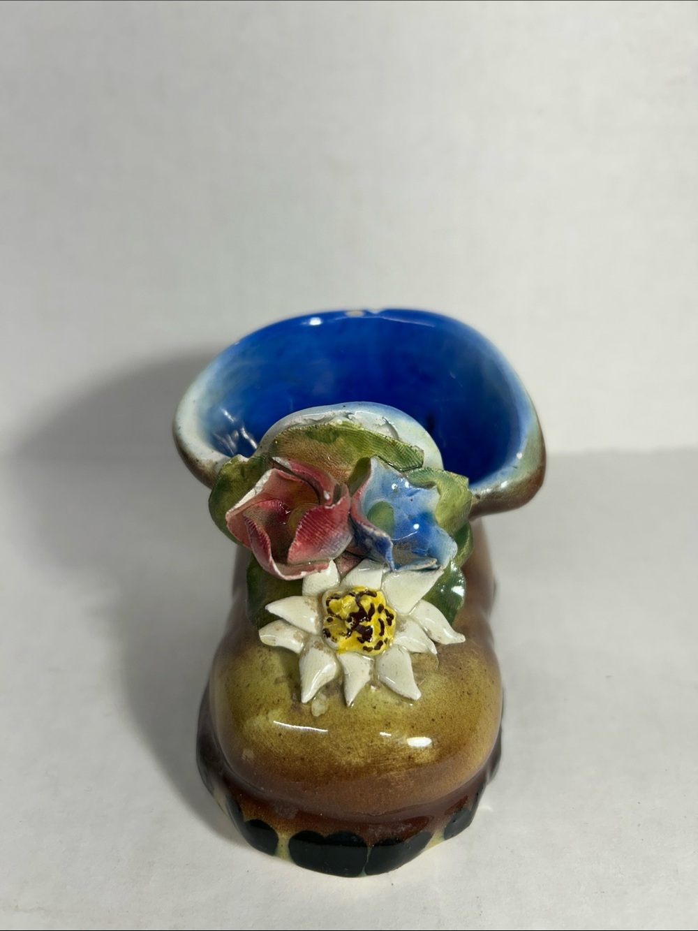Decorative Italian Ceramic Boot Vase in Blue and Brown with Floral Accent